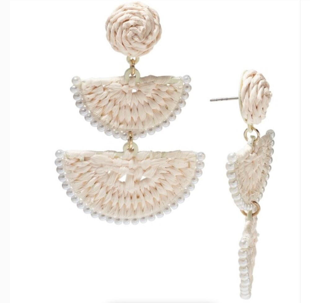 ON 34th Off White Stone Beading Boho Woven Raffia Drop Earrings